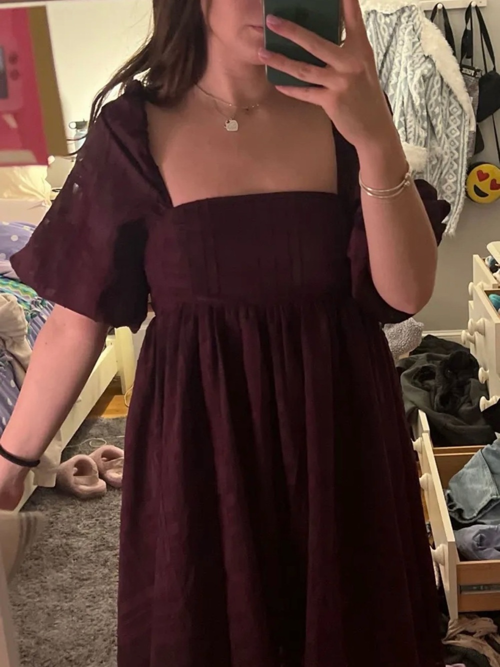 Storia Square Neck Puff Sleeve Mini Dress in Deep Plum